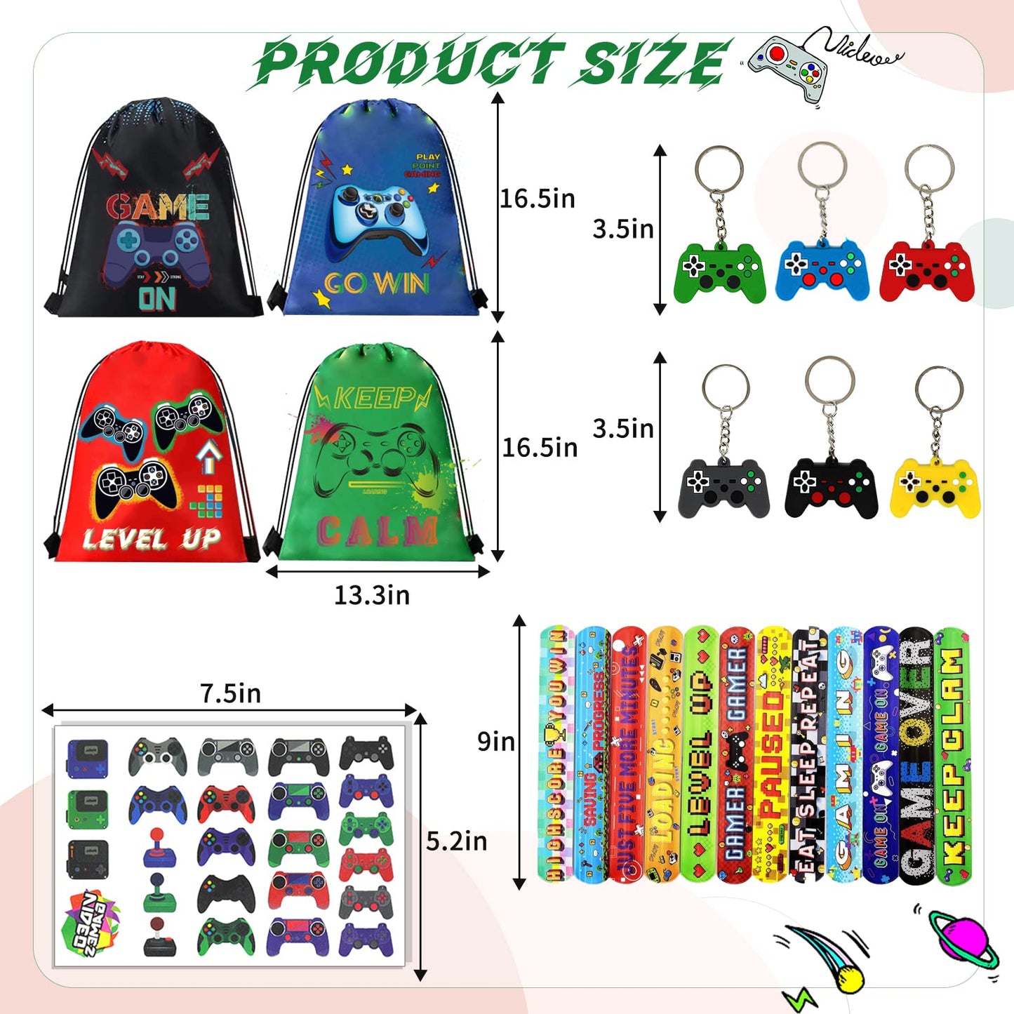 61 Pcs Video Game Party Favors, Gamer Party Favors Bags Includes 12 Pcs16 X 13 Inch Video Game Party Drawstring Bags Slap Bracel