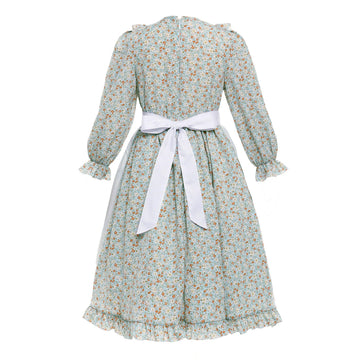 Vibsion Girls Pioneer Prairie Costume Pilgrim Dress Kids Floral Colonial Village Girl Costumes Bonnet Apron Set 3Pcs M