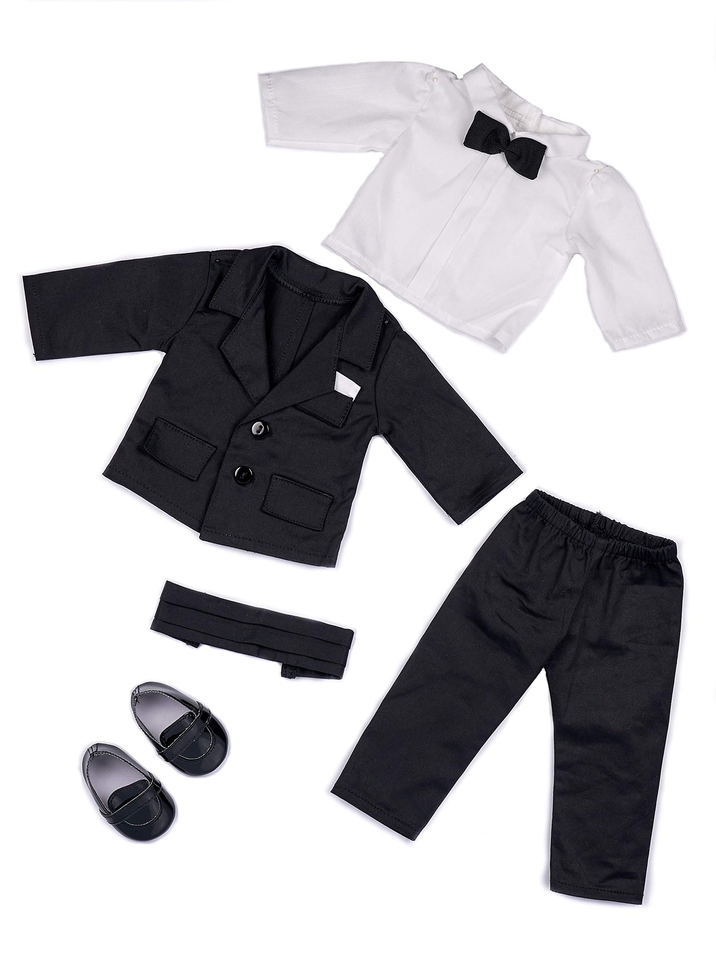 Tuxedo - 5 Piece Tuxedo Set - Clothes Fits 18 Inch Doll - Black Jacket, Pants, Belt, White Shirt And Dress Shoes (Dolls Not Included)