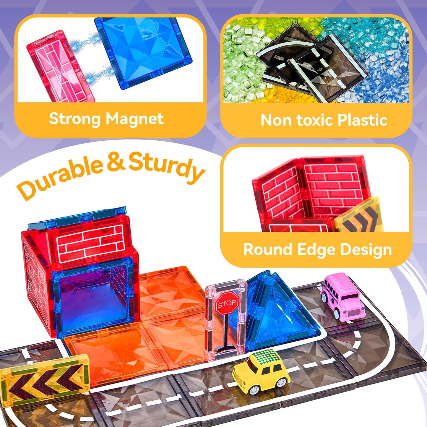 Magnetic Tiles Road Set With Car Crane And Toy Figurine, Construction Tiles Building Blocks Set For Kids Birthday Gifts, Educati