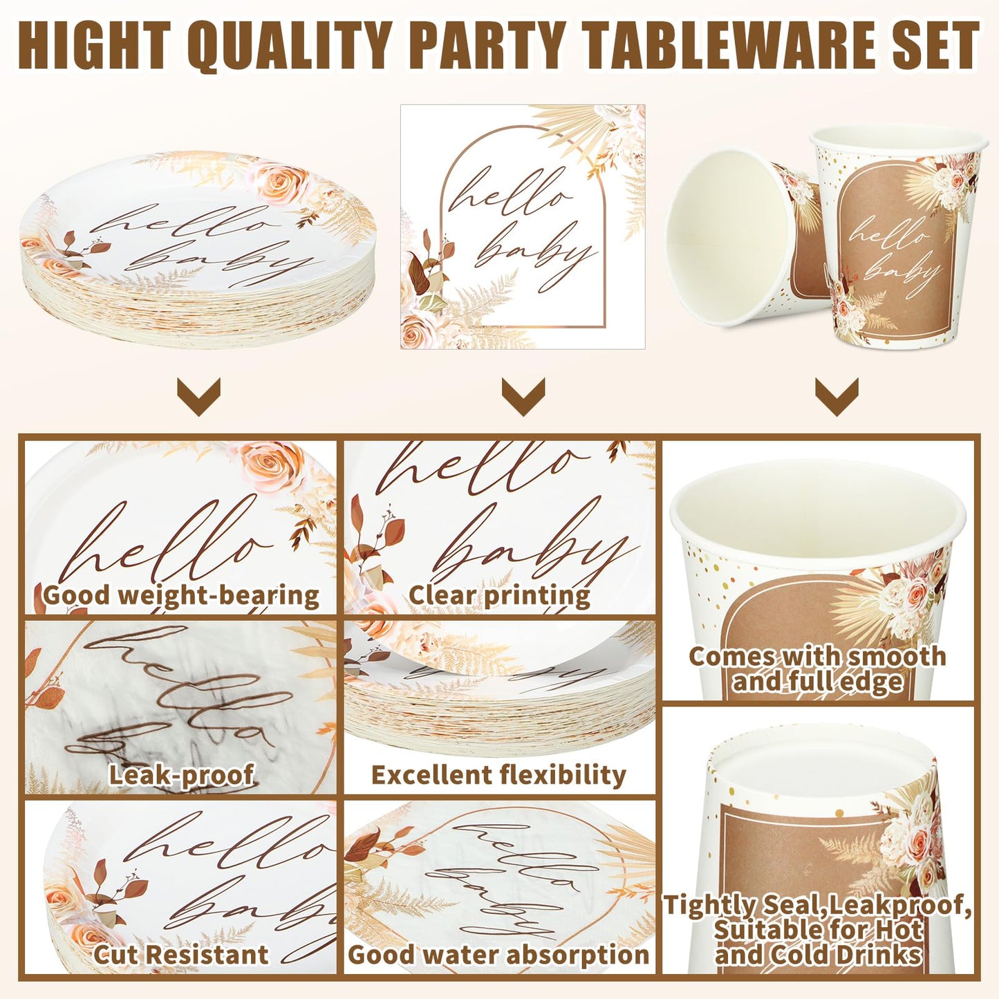 Hushee 200 Pcs Boho Flower Baby Shower Paper Plates Napkins Cups Hello Design Boho Baby Shower Party Supplies Tableware Set Boho