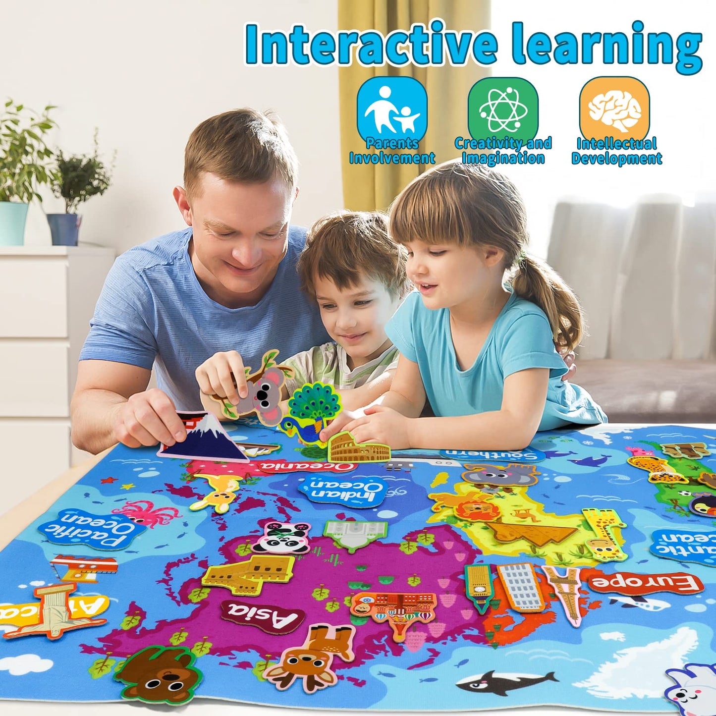 Taika World Felt Set, Felt World Map with World Famous Sights, Educational Play Mat Flannel Board Set, 43x28 inch Preschool Lear