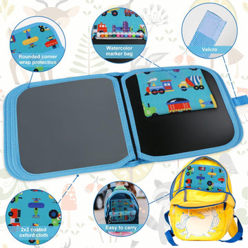 Erasable Doodle Set for Kids - Magic Drawing Book With 12 Watercolor Pens, 14 Page Reusable Book, Road Trip Car Game Writing Pai