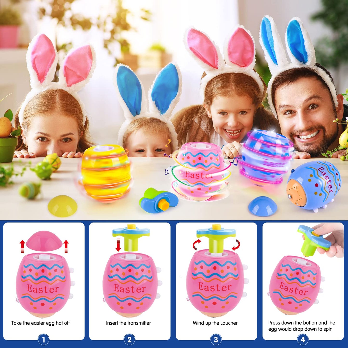 Vatos Easter Toys Eggs For Kids - 6 Pack Lighting & Spining & Singing Plastic Colorful Easter Toys Egss, Easter Basket Stuffers Party Favors Easter Toys Gifts For Kids 3+ Boys Girls