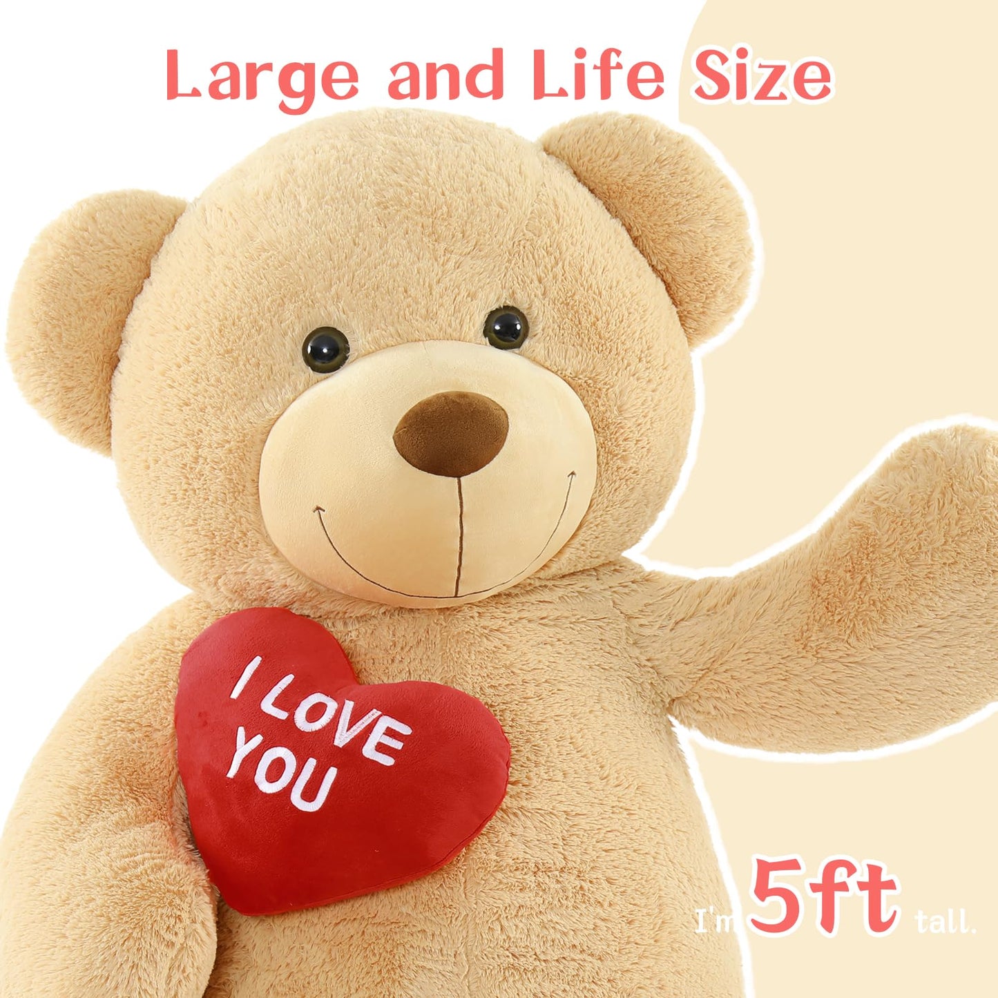 Beniny Giant Teddy Bear Stuffed Animal 5Ft, Big Teddy Bear With Heart, Large Brown Stuffed Bear Plush Toys For Kids, I Love You