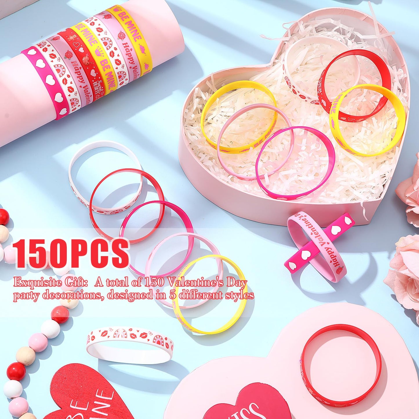 Remuuly 150 Pieces Valentine's Day Bracelets Rubber Silicone Wristband with 5 Patterns Valentines Gifts Party Favors for Goodie