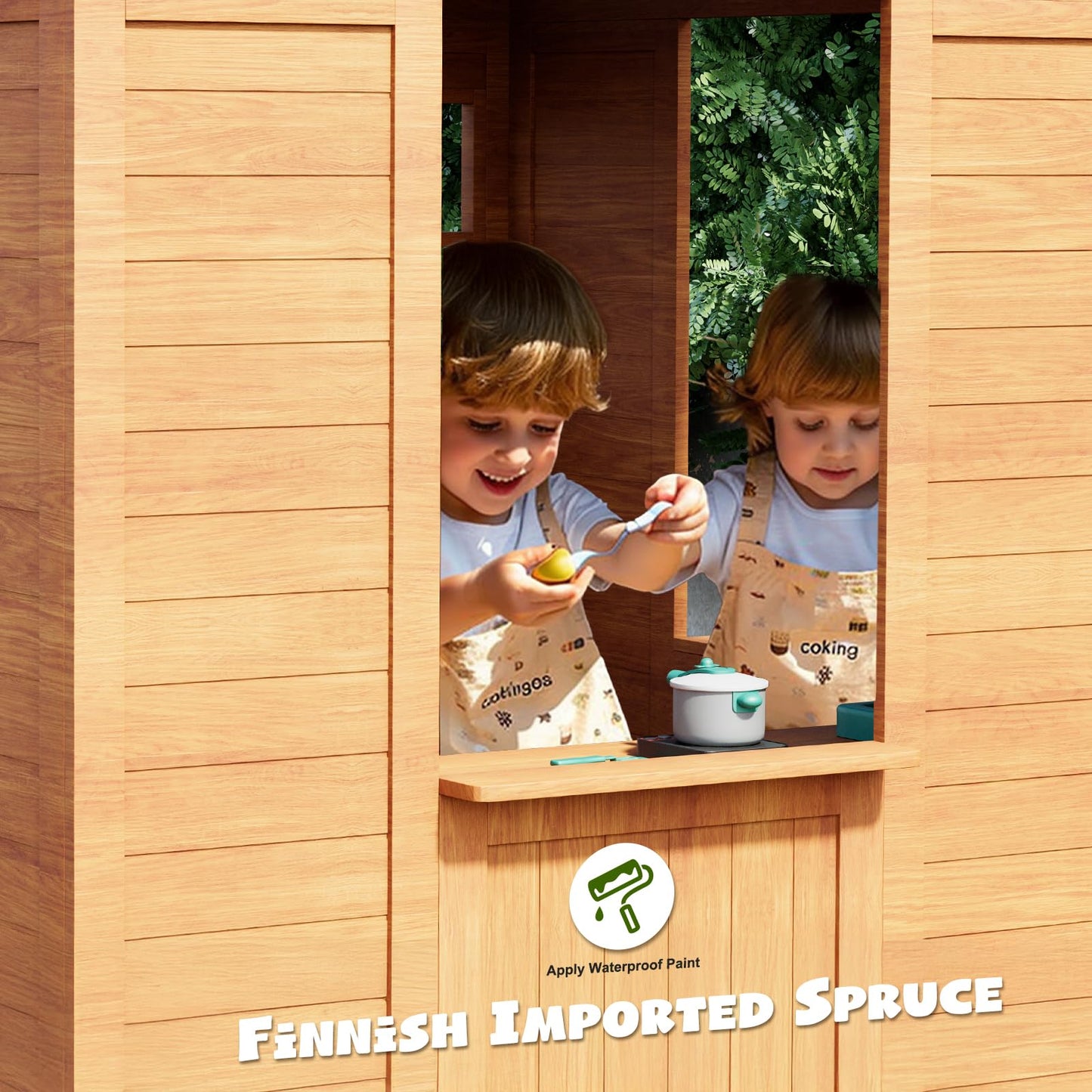 All Spruce Outdoor Kids Playhouse, Toddler Playhouse Wooden Playhouse For Kids Ages 3-10, With Sink, Stove, Flower Pot Holders,