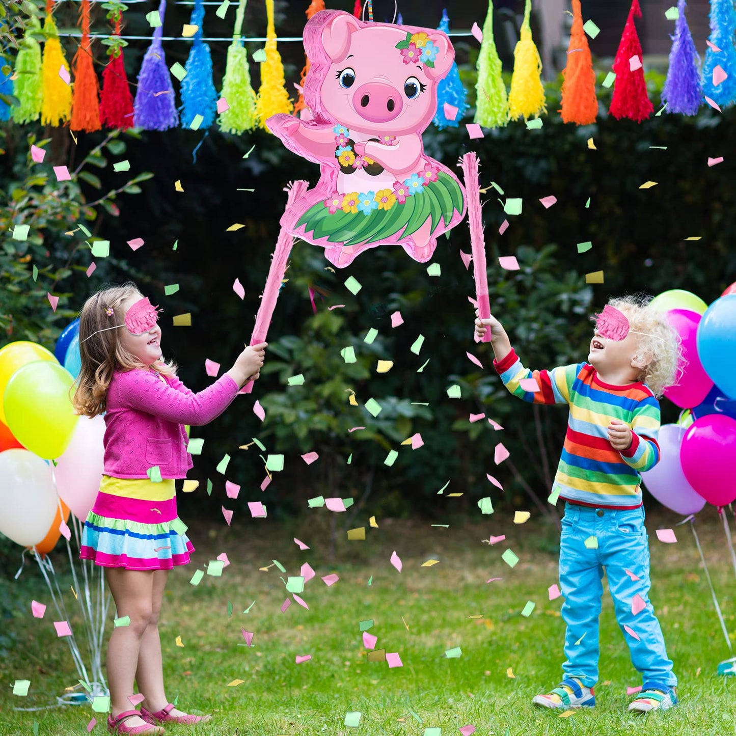 Threan Small Pig Piñata Hawaiian Party Decorations Pink Pig Piñata With Blindfold Stick For Summer Hawaii Aloha Tropical Themed Birthday Party Supplies, 16.5 X 12.4 X 3.1 Inch