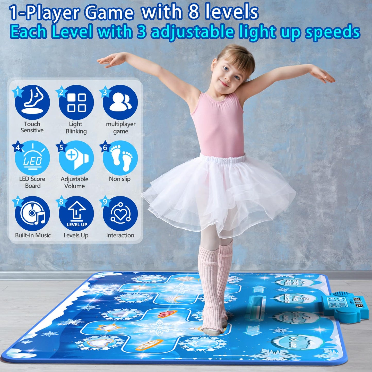 Joyvalley Kids Dance Mat Toys - 2-Player Dance Pad Gifts For Girls Boys Toddlers 3 4 5 6 7 8 9 + Year Old Electronic Dancing Mat Floor Games Toy With Music Light Christmas Birthday Gift (Frozen Blue)