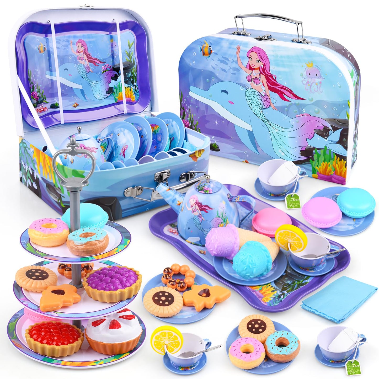 Auney 45 PCS Tea Set Toys for Girls, Mermaid Tea Party Set Toy Pretend Play Gifts for Little Girls, Girls Toys Gifts for Tea Tim