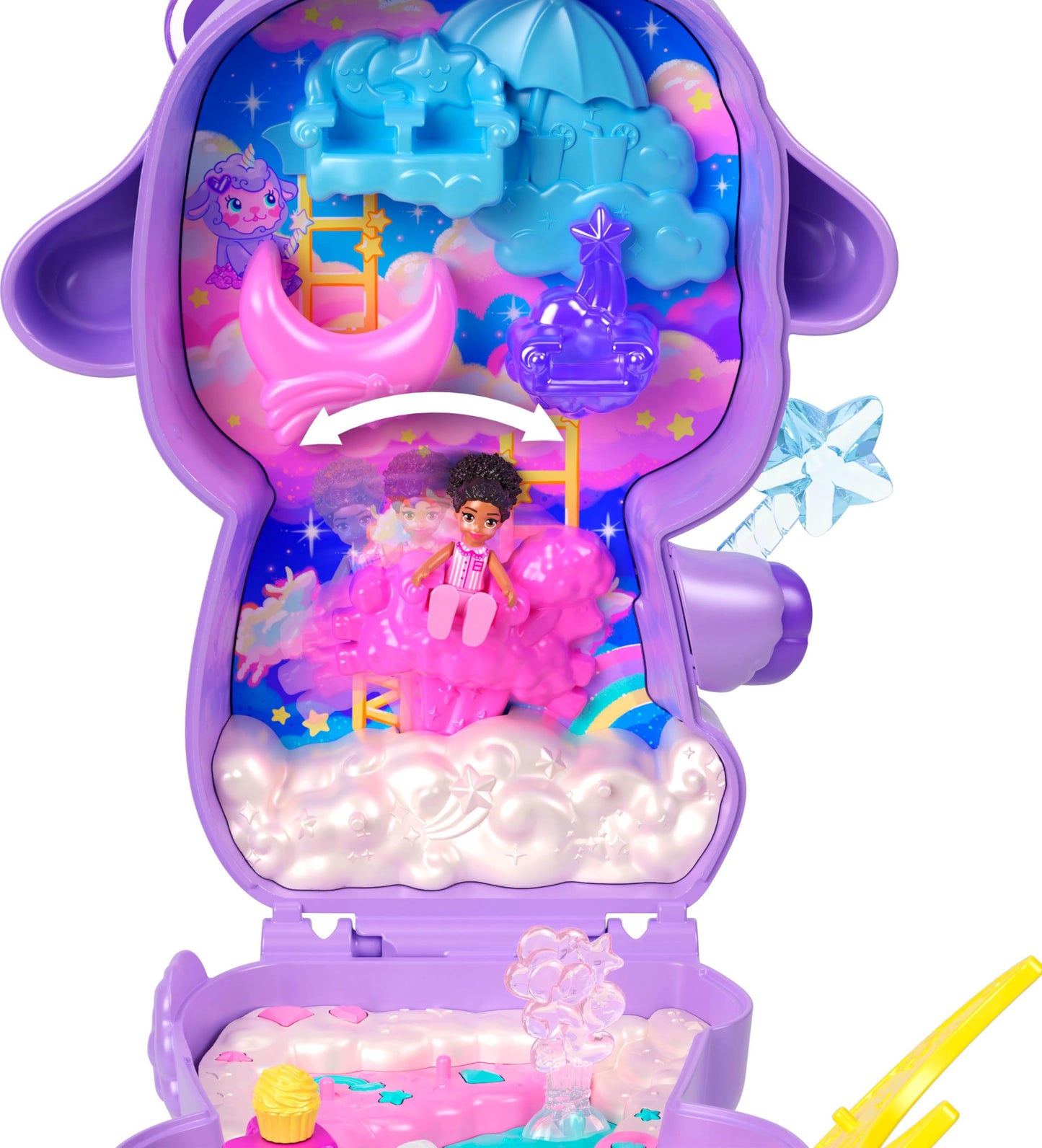 Polly Pocket Dolls & Playset, Cozy Dreamland Lamb Compact, Travel Toy with 1 Micro Doll, Pet Unicorn, Food & Fashion Styling Acc