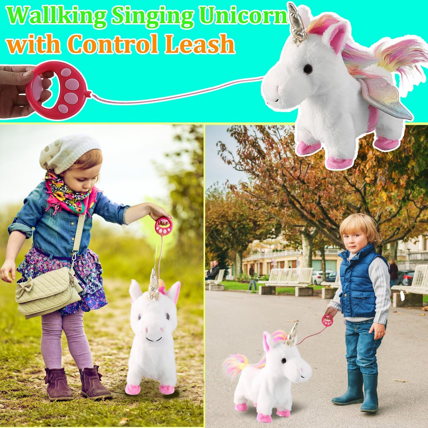 White Walking Unicorn Toy Set Singing Dancing Electronic Plush Unicorn With Control Leash, Realistic Footsteps Nodding Tail Wagging Pretend Dress Up Cute Wings Animated Stuffed Unicorn Gift For Girl