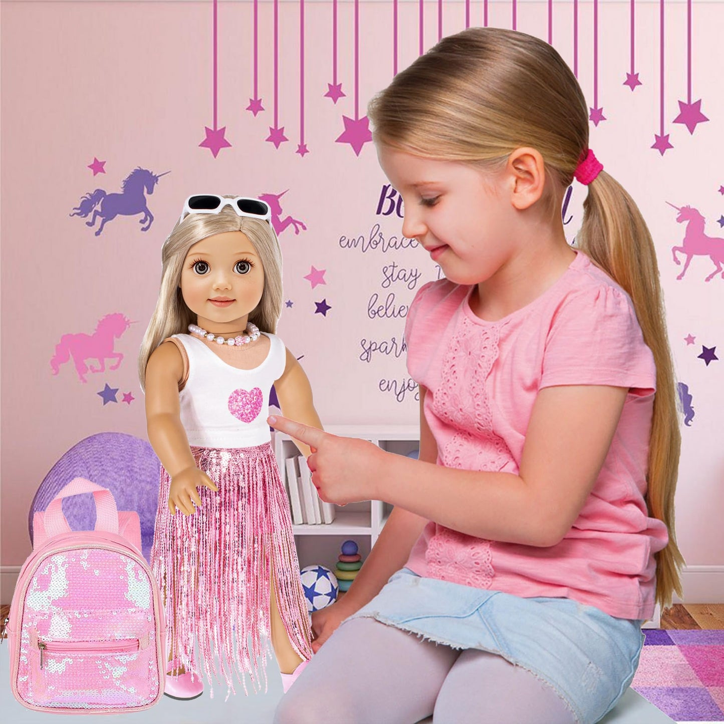 Ebuddy 18 Inch Doll Clothes And Accessories-Fashion Fringe Dress With Travel Suitcase Backpack Manicure Playset Including Tassel Dress Set, Suitcase, Backpack, Glasses, Shoes, Nail Kit(No Doll)