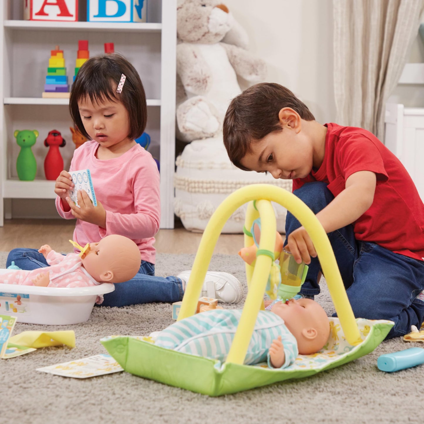 Melissa & Doug Mine to Love Twins Luke & Lucy 15" Light Skin-Tone Baby Dolls with Rompers & Caps, Ideal for Toddlers 18 Months+