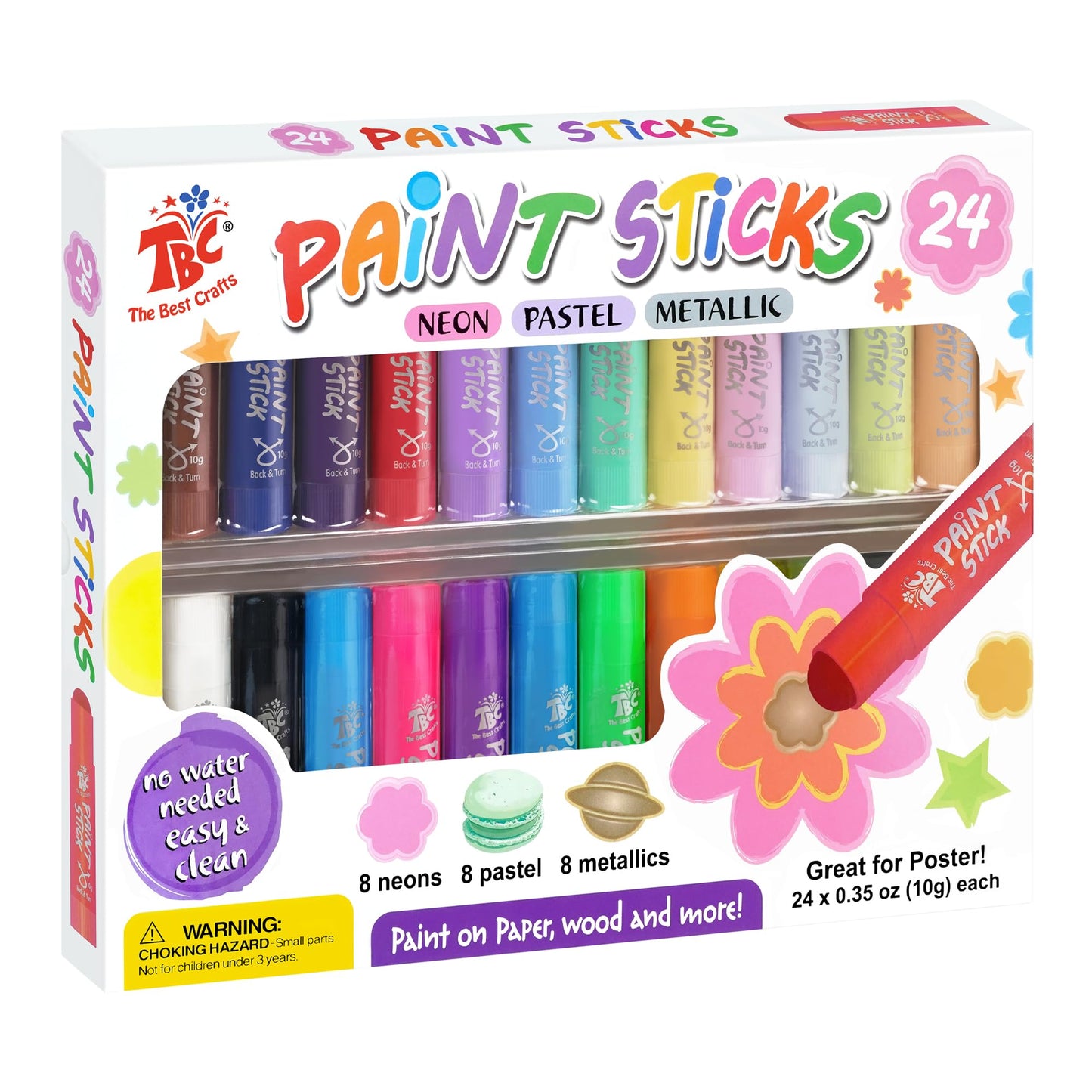 TBC The Best Crafts Paint Sticks, 24 Colors Mixed Pack, Washable Non-Toxic Tempera Paint for Kids, 0.04 Ounce (Pack of 12)