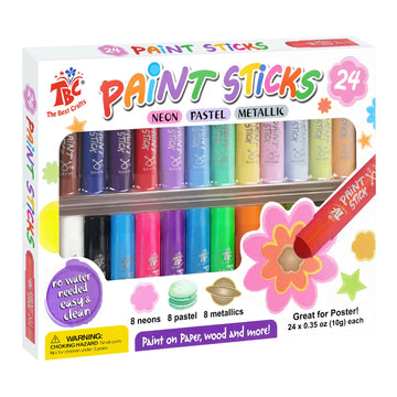 TBC The Best Crafts Paint Sticks, 24 Colors Mixed Pack, Washable Non-Toxic Tempera Paint for Kids, 0.04 Ounce (Pack of 12)