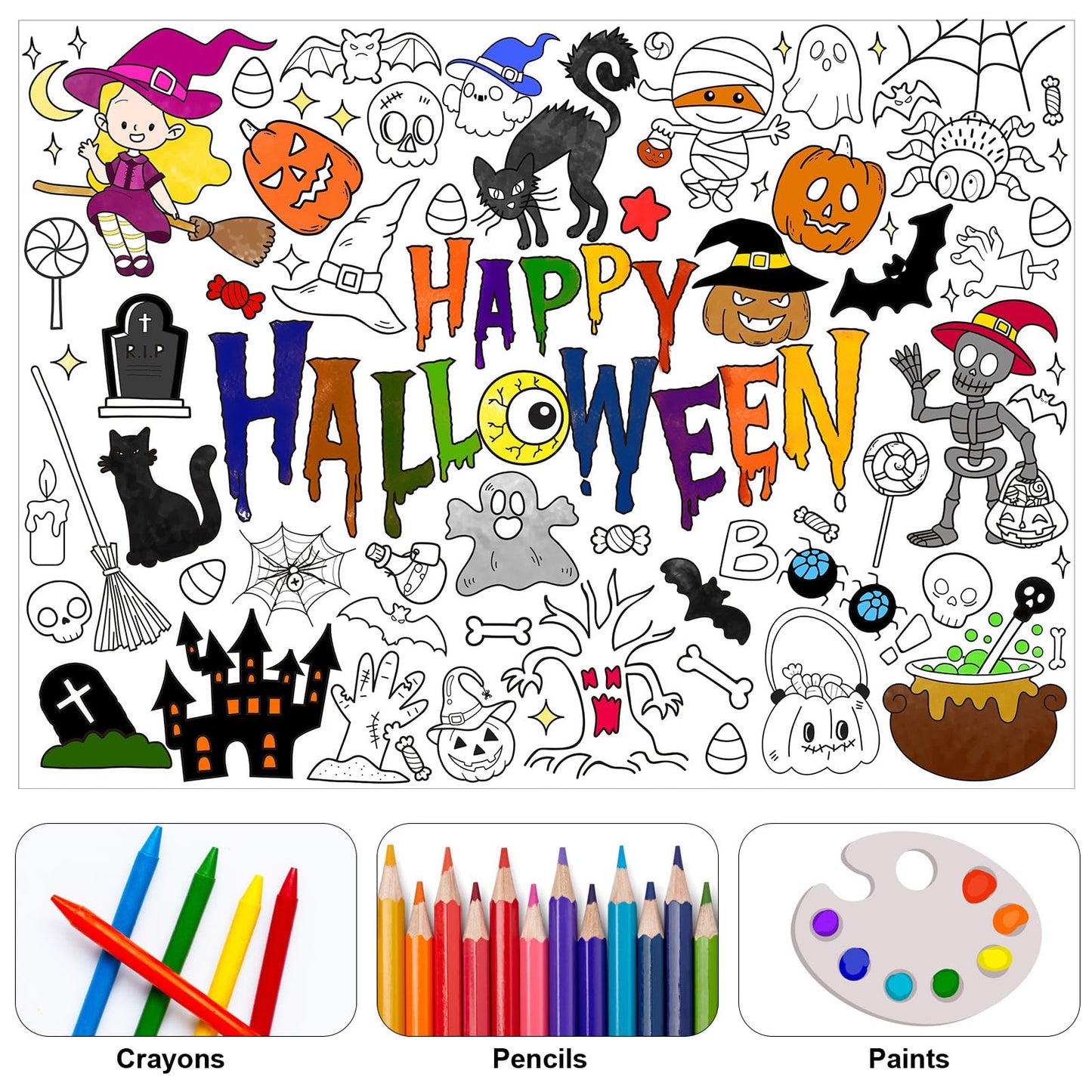 Giant Halloween Coloring Poster With 6 Stacking Crayons, Bat Ghost Party Favor Set Jumbo Paper Coloring Banner Large Art Crafts