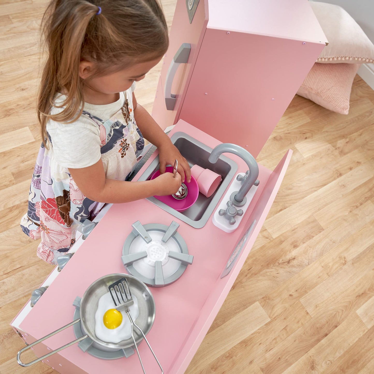 KidKraft Retro Wooden Play Kitchen and Refrigerator 2-Piece Set with Faucet, Sink, Burners and Working Knobs, Pink, Gift for Age