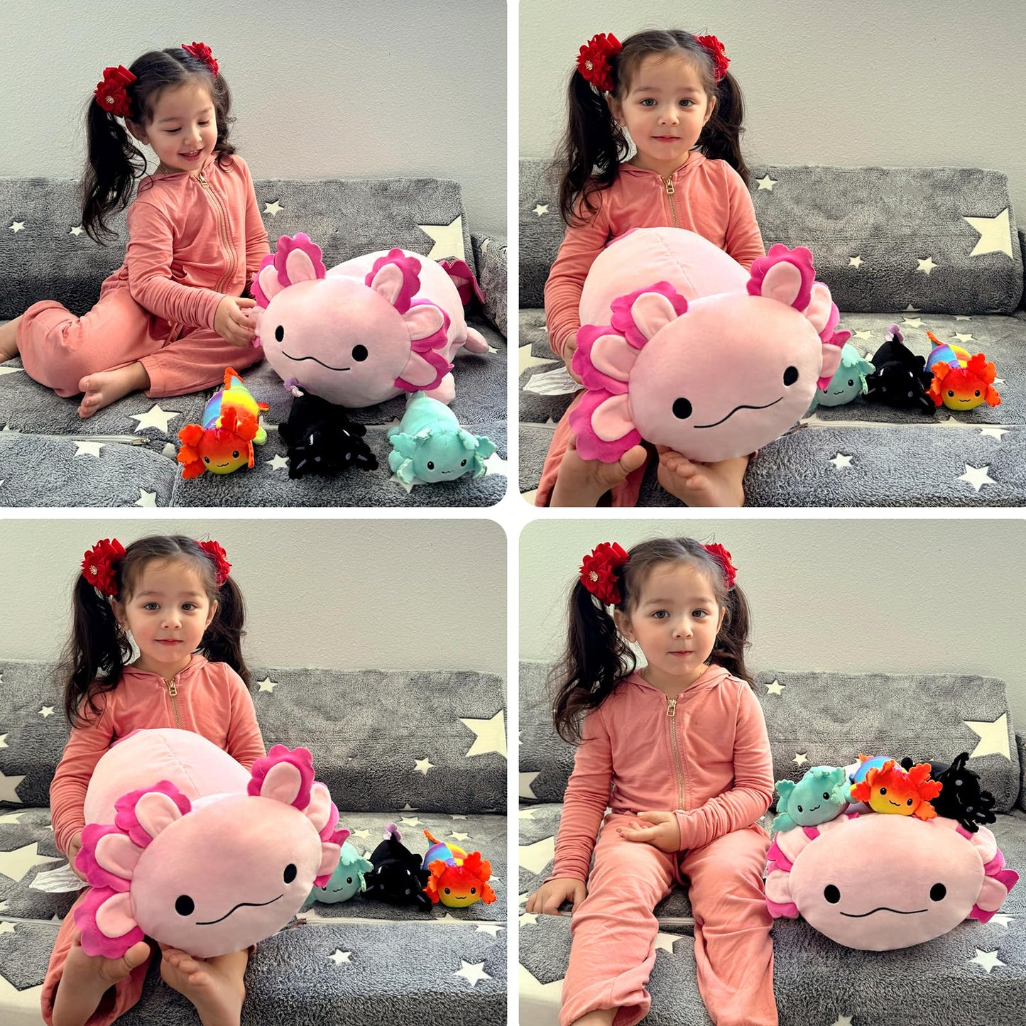 BENINY Giant Pink Axolotl Plushies Set - 24" Mommy with 3 Baby Stuffed Animals, Soft Polyester Toys for Kids