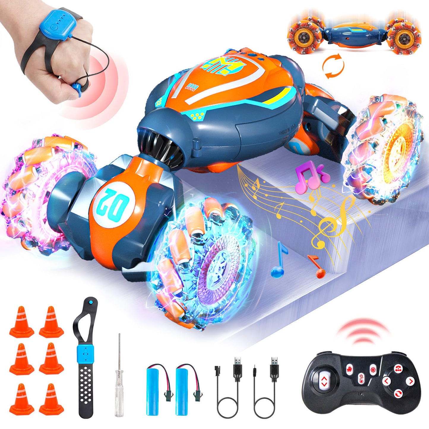 Bezgar Remote Control Car - Gesture Sensing Rc Stunt Car With 3 Sensor Modes, Lights & Music, 4Wd All Terrain Hand Controlled Rc