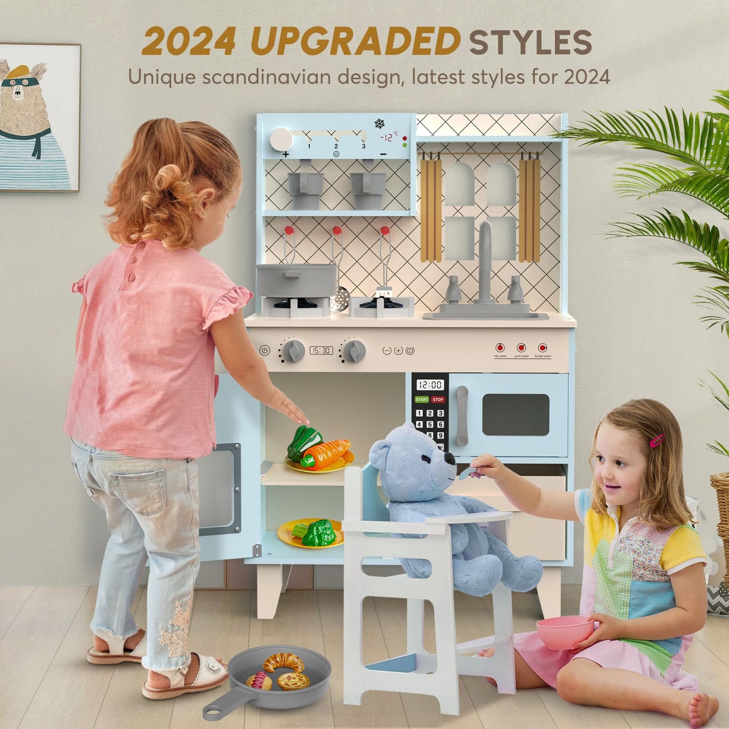 Bierum Play Kitchen With Realistic Lights & Sounds, Wooden Kitchen Playset Chef Pretend Play Set For Toddlers, Toy Kitchen With