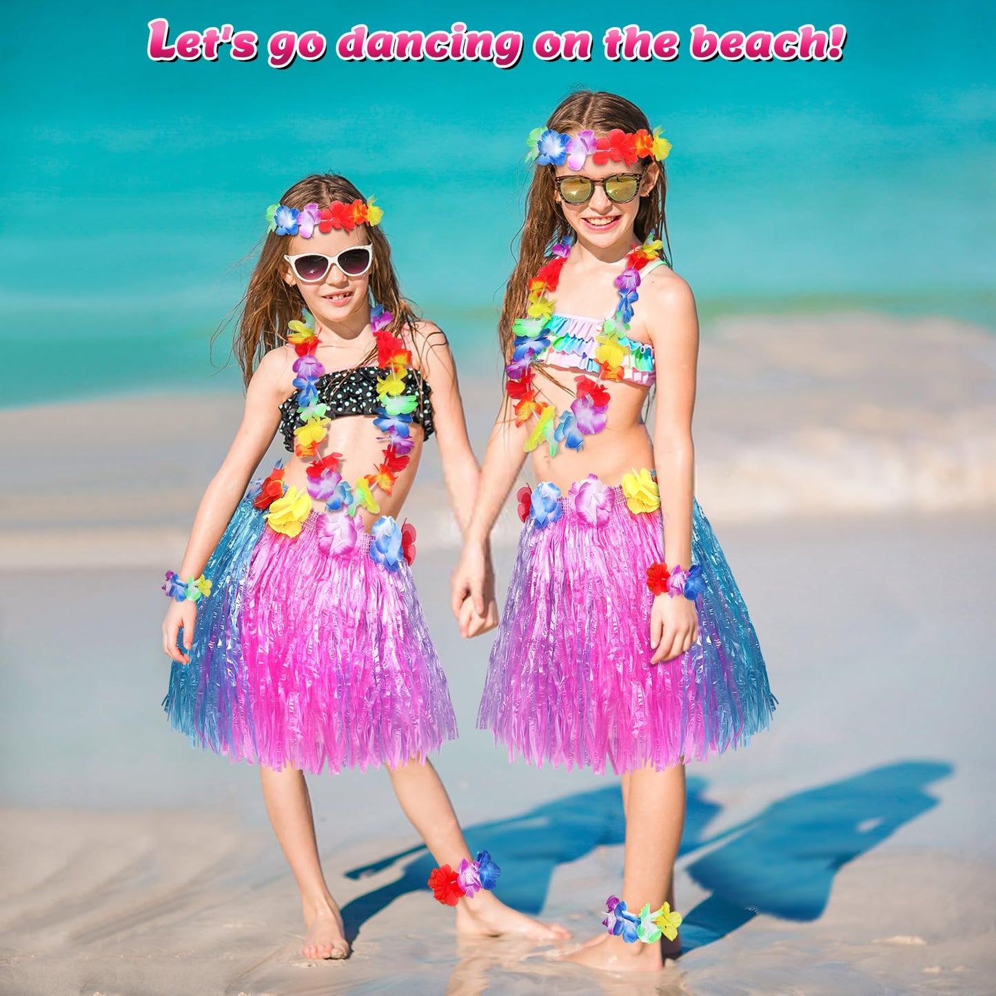 Fortuning'S Jds Girl'S Hawaiian Hula Grass Skirt Tricolor Matching Elastic Flowers Costume Set For Luau Tropical Beach Party Kid