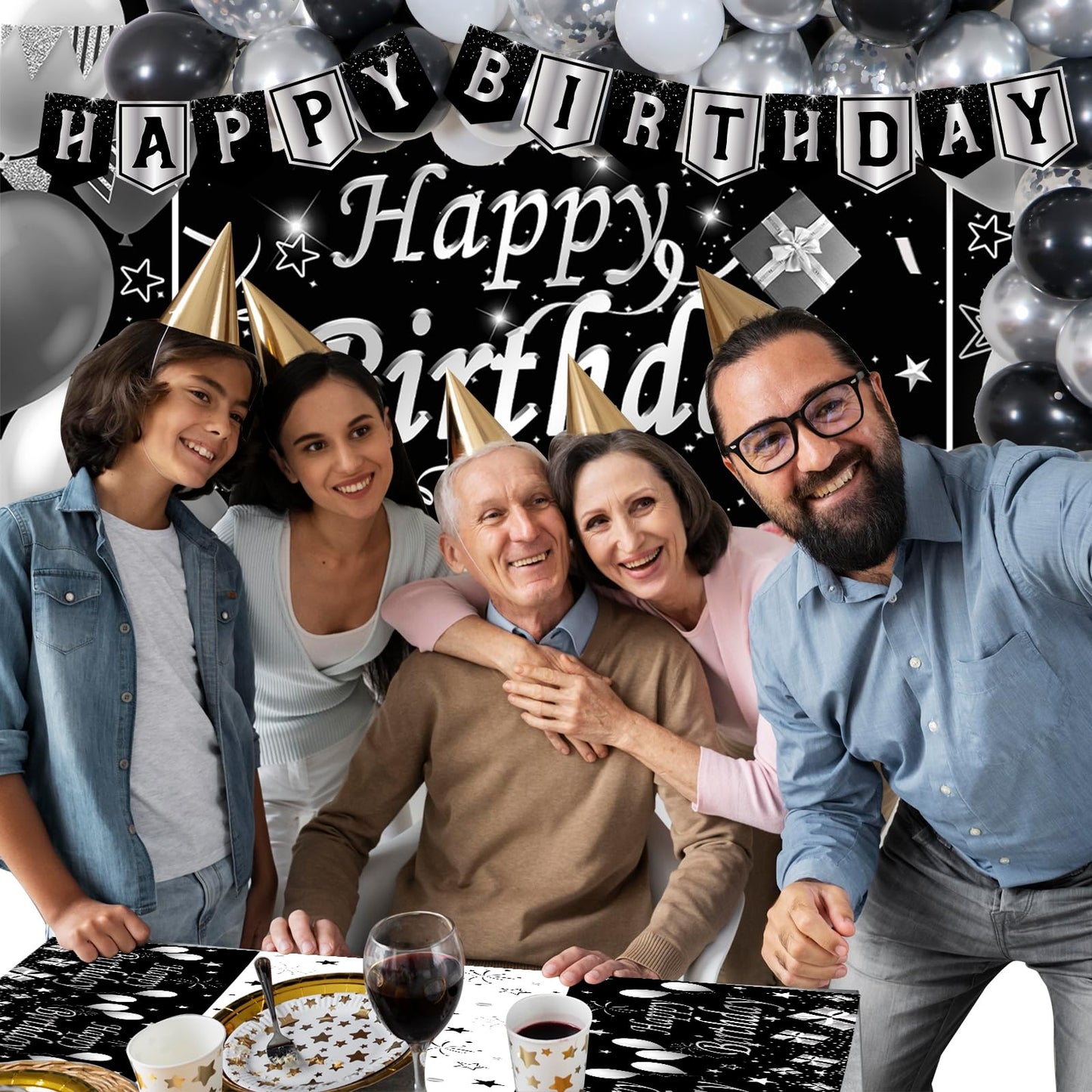 Silver And Black Birthday Decorations For Men Women Boys Girls 80 Pcs White Black And Silver Party Decorations Happy Birthday Backdrop Banner Confetti Star White Silver Black Balloon Arch Tablecloth