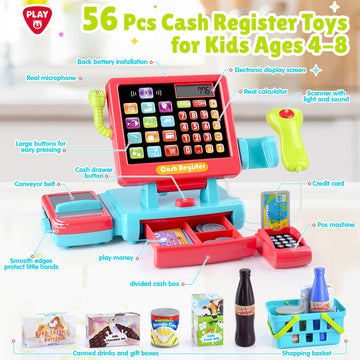 PLAY Kids Cash Register Toy Supermarket with Register Pretend Play Calculator Register Toys with Scanner/Microphone/Credit Card/