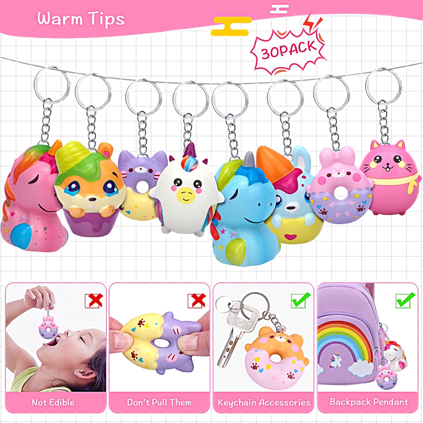 Pokonboy 30 Pack Kawaii Squishies Squishy Toys, Animals Squishies Cute Unicorn Donuts Slow Rising Creamy Scent Stress Relief Squishies Pack Party Favors Decorative With Key Chain