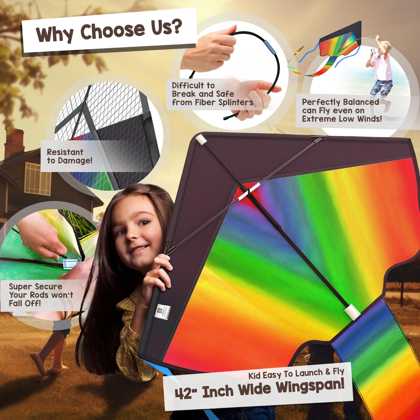 42'' Large Rainbow Kite for Kids and Adults - Easy to Assemble & Fly Large Kites for Kids Ages 4-8, 8-12, 3-5 - Beach Kids Kite