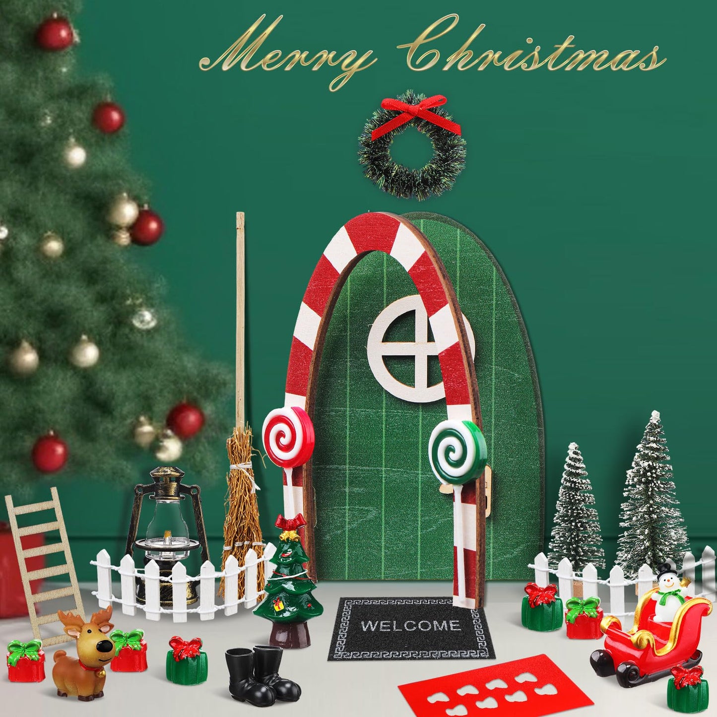 Gerrii 25 Pcs Green Christmas Elf Fairy Doors Decorations Miniature Enchanted Fairy Door Kit Tiny Elf Christmas Decor Accessorie