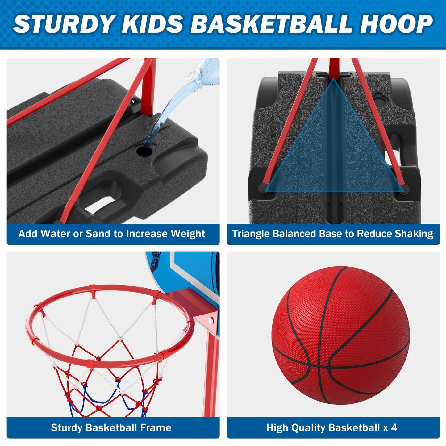 HYES Kids Basketball Hoop Indoor, Toddler Basketball Hoop Outdoor, with Package Design/Adjustable Height/4 Balls, Portable Baske