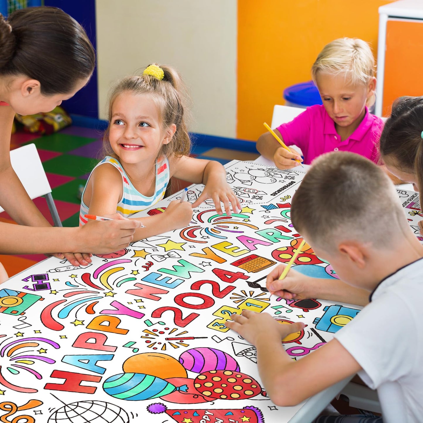 Giant Coloring Poster For Classroom Wall - Versatile 31.5 X 72 Inches Happy New Year Activity Poster/Table Cover, School Parties