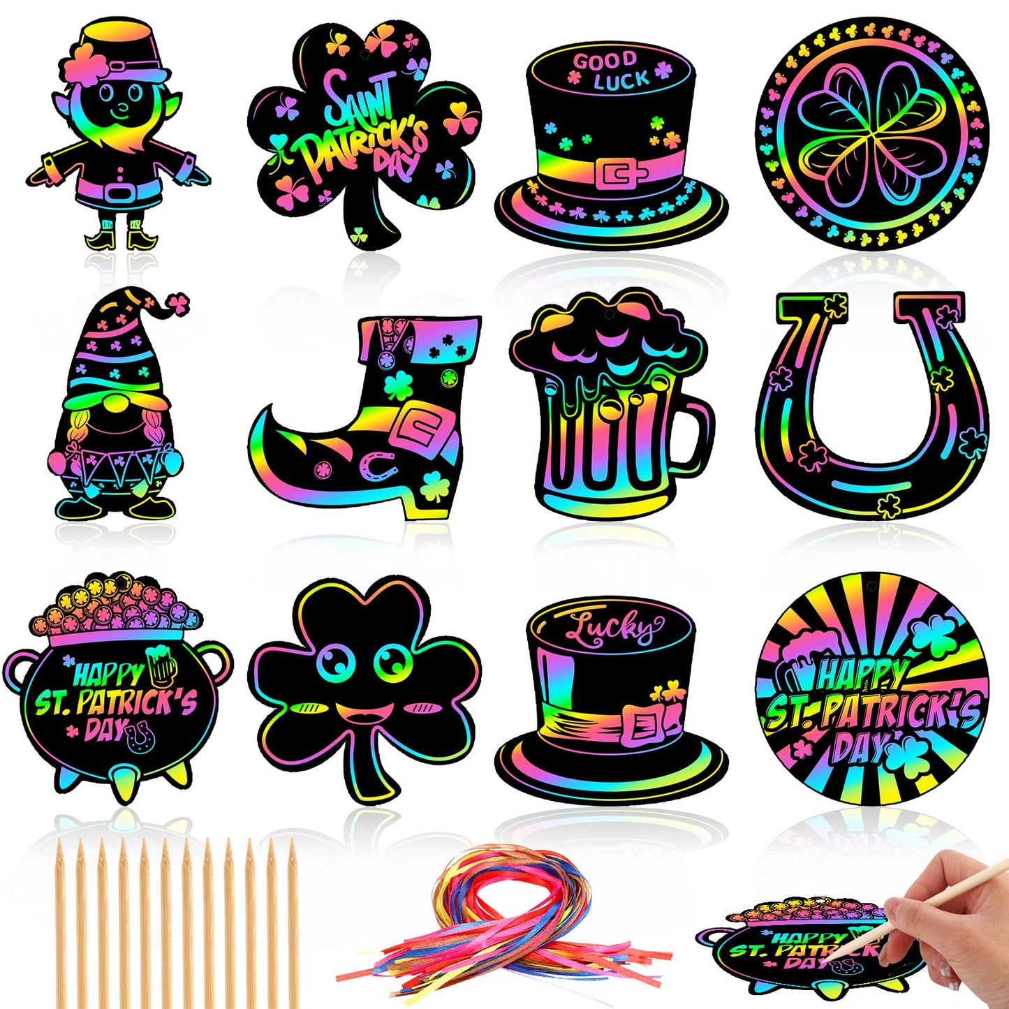 Julmelon 36 Pcs St Patricks Day Scratch Art For Kids, St. Patricks Day Crafts For Kids Rainbow Color Magic Scratch Paper Cards S