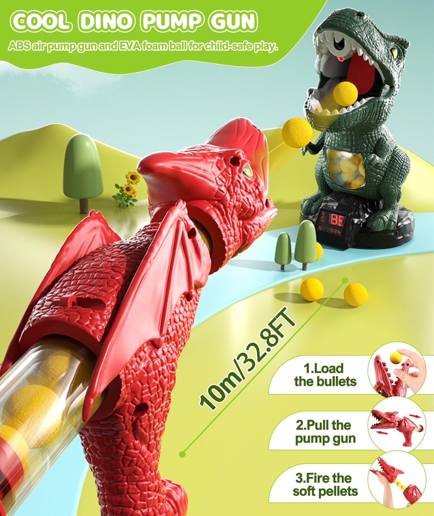 Protado Dinosaur Shooting Toy For Boys Girls, Movable Target Shooting Games With 2 Air Pump Launcher, 48 Foam Balls, Led Score R