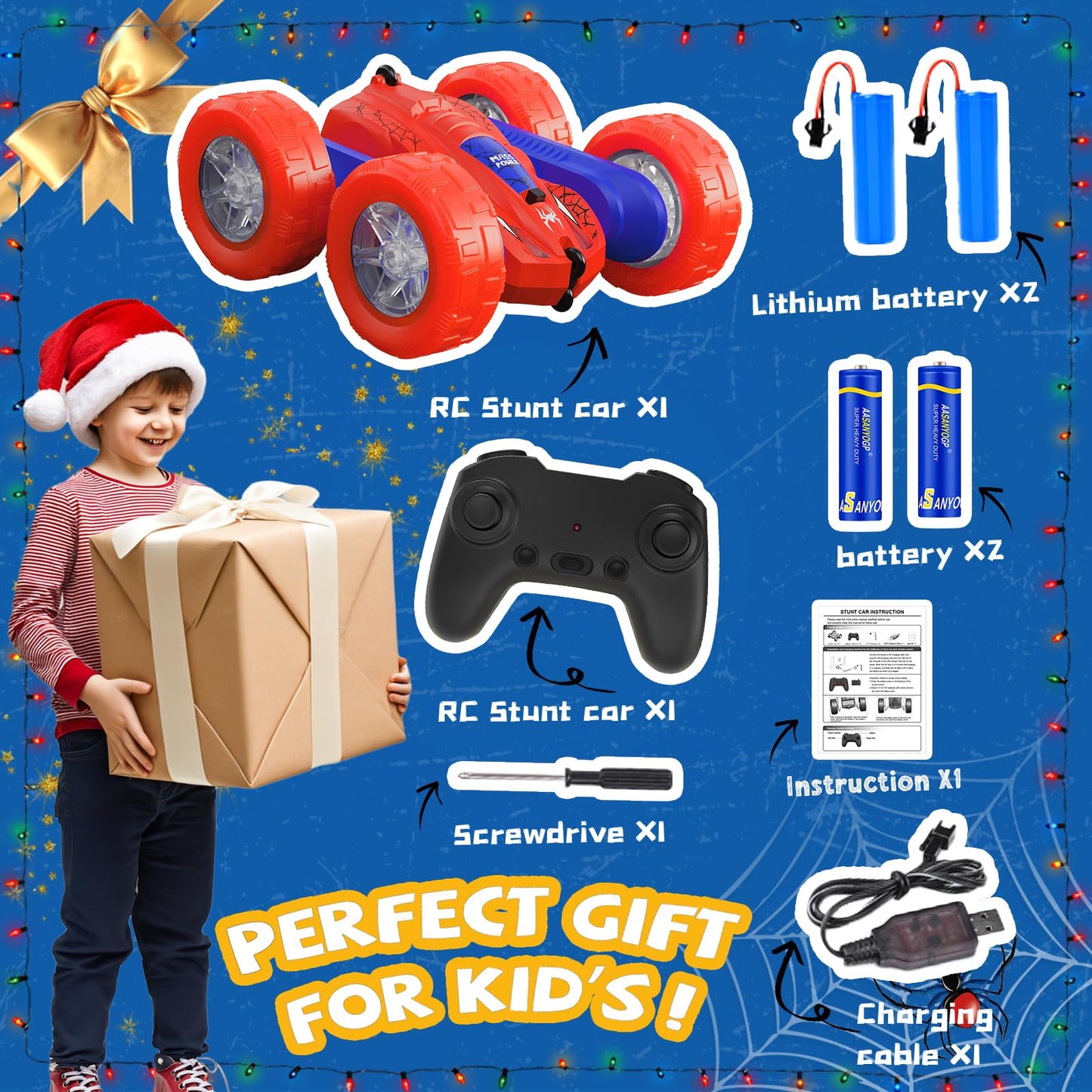 Spider RC Cars Double-Sided Driving 360 Flips Rotating 4WD with Lights for Kids Ages 4-7 8-12 Year Old, Remote Control Stunt Car