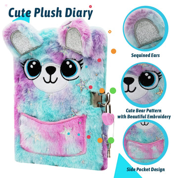 Superstyle Bear Diary With Lock, Gift For 6 7 8 Years Old Boys Girls, Fuzzy Notebook Cute Bear Diary Secret Writing Plush Journal Christmas Day Birthday Gift For Kids