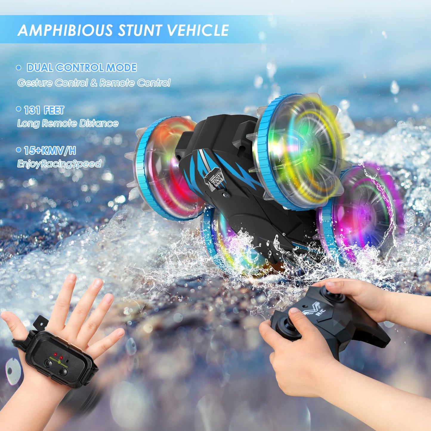 CGSGDK Beach Amphibious Remote Control Car Toys,2.4 GHz Remote Control Boat Waterproof, All Terrain RC Stunt Car with LED Lights
