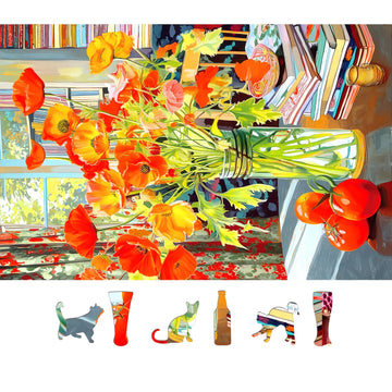 500 Piece Jigsaw Puzzle for mature-themeds Orange Floral Art enhanced 15 x23 Beautiful Flowers Large Piece Puzzle with Books Tomatoes Still Life Challenging Gift for Women Men Puzzle Lovers