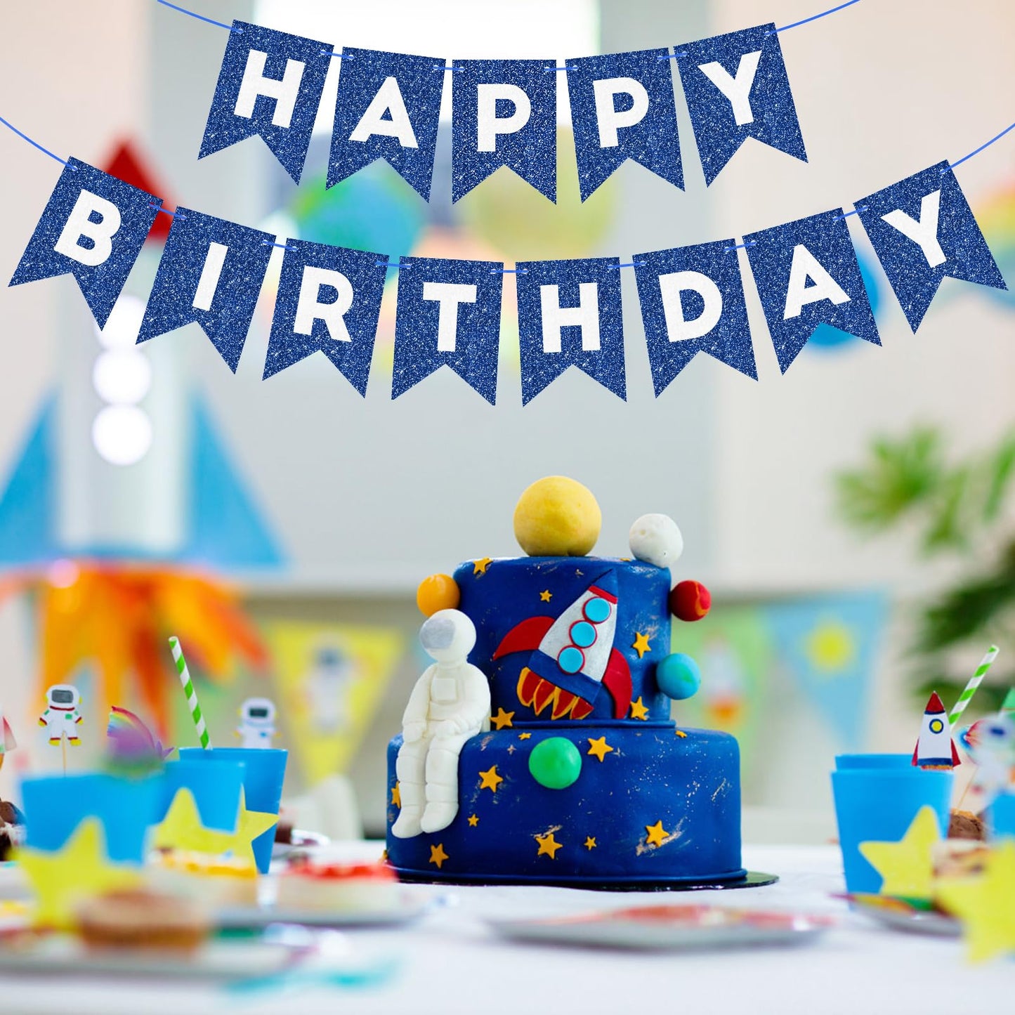 Blue Happy Birthday Banner Birthday Sign Blue Happy Birthday Decorations For Backdrop Garland Bunting Banner For Boys Men Baby 1St Birthday Party Supplies Wall Door Banner Flag