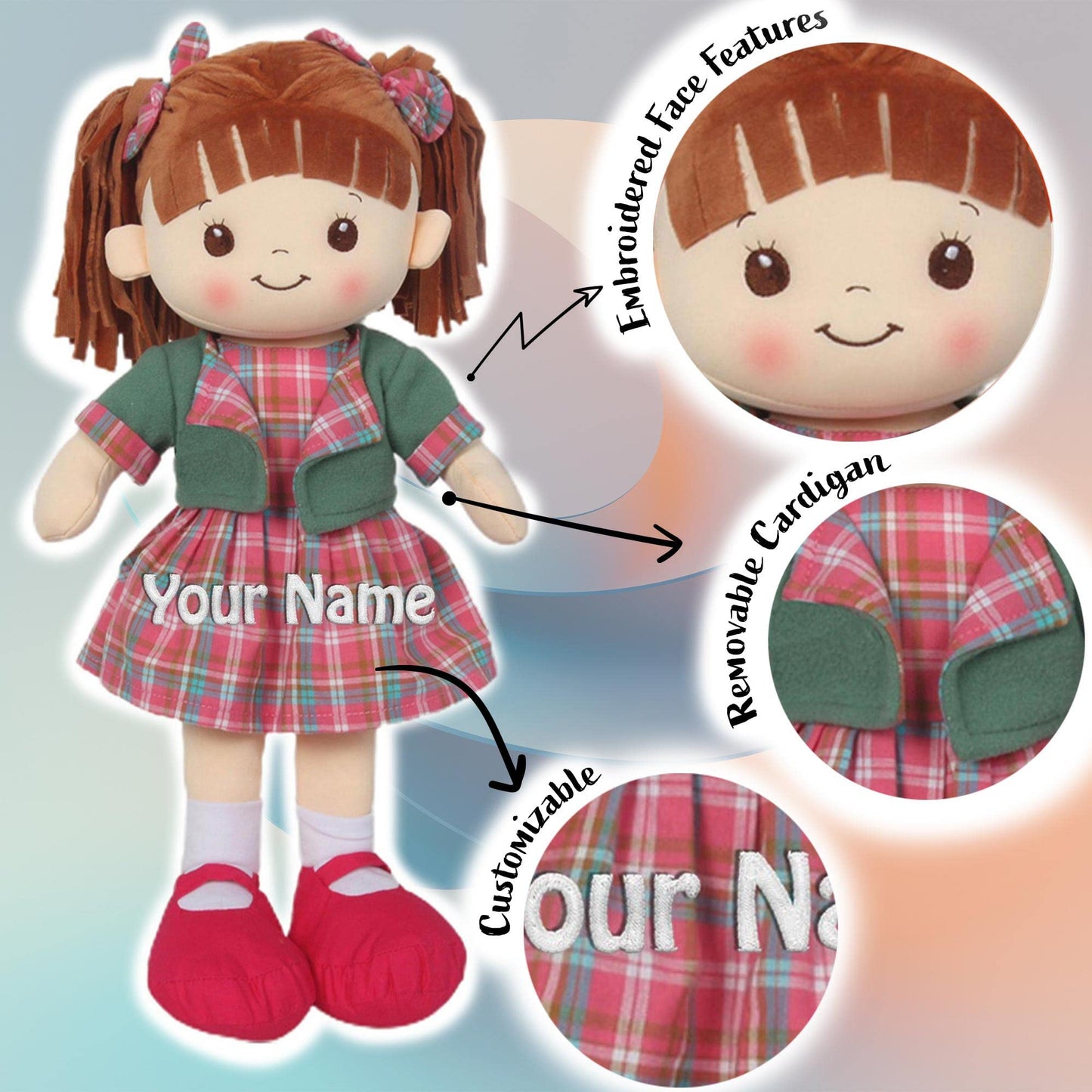 Personalized Snuggle Dolls, Custom Soft Baby Rag Doll, Pink Plaid Dress, 16 Inches, Muecas De Trapo Personalizadas Para Nias
