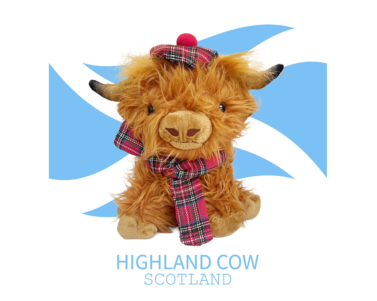 SaBrissi Wilbur Highland Cow 10 Brown Plushie Stuffed Animal with Tartan Hat & Scarf - Soft Toy for Kids