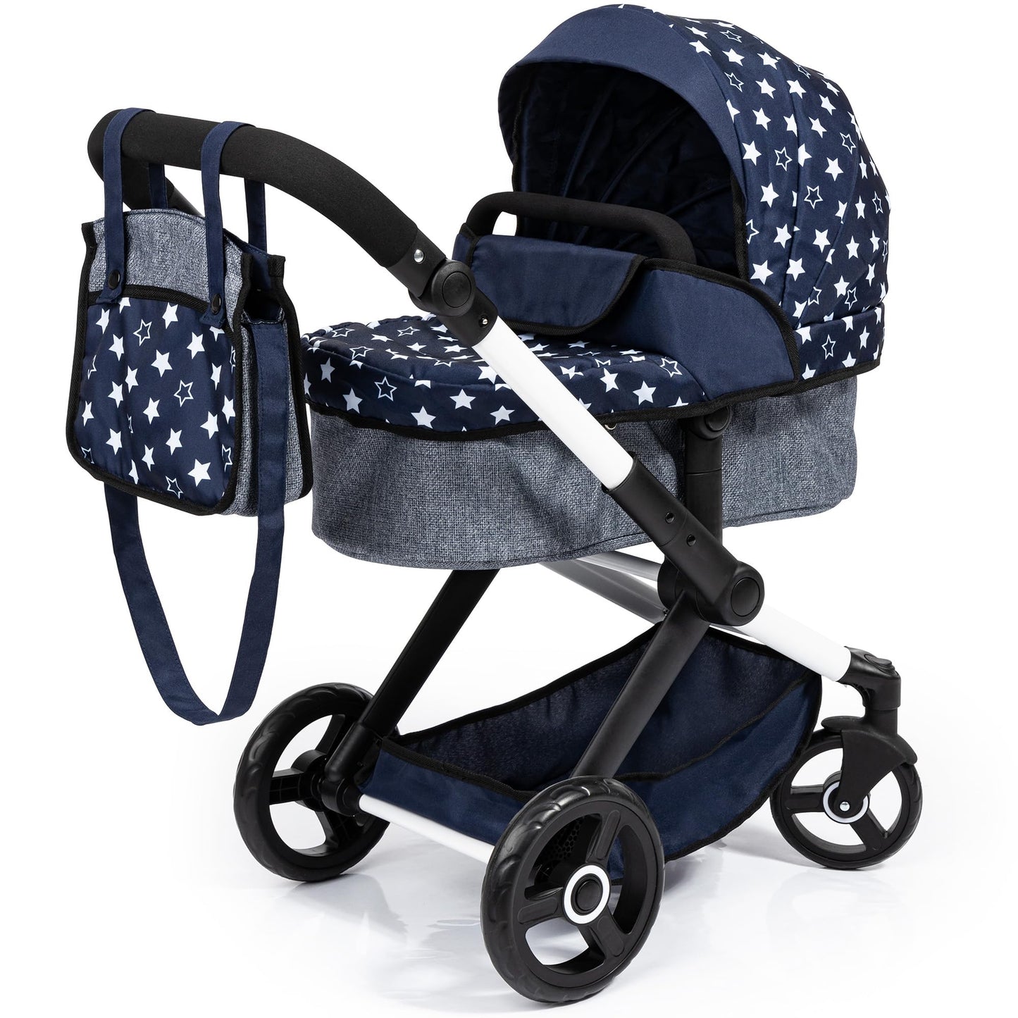 Bayer Design Dolls: Pram Xeo - Blue & White Stars - Dolls Up To 18'', Shoulder Bag, Convertible To Pushchair, Adjustable Handle,