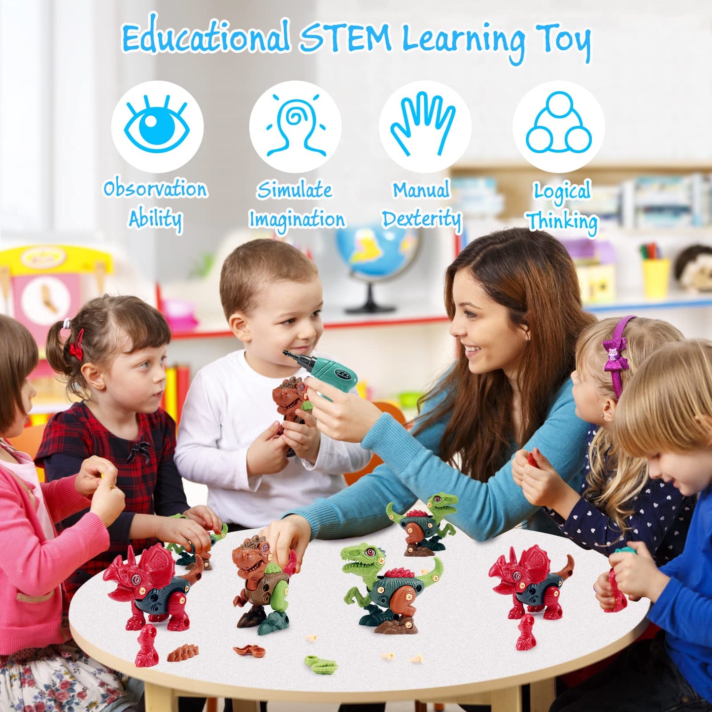 FREE TO FLY Dinosaur Toys - 9-Piece STEM Take Apart Dino Set for Kids 3-8, Electric Drill Building Learning Gift, Red