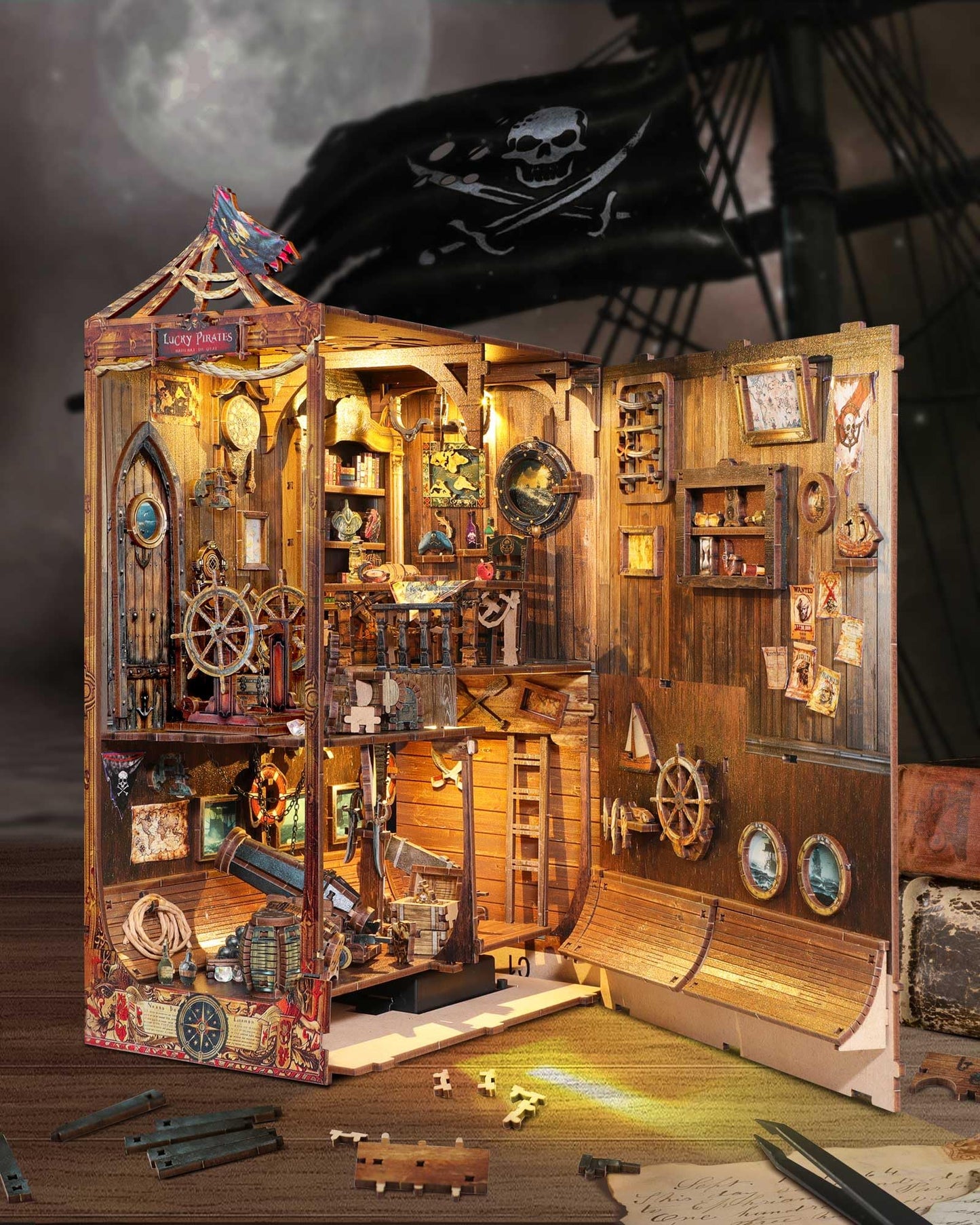 Diy Book Nook Kit - Pirate 3D Wooden Miniature Puzzles With Led Light Dollhouse Model Craft Kits For Adults Bookshelf Insert Dec