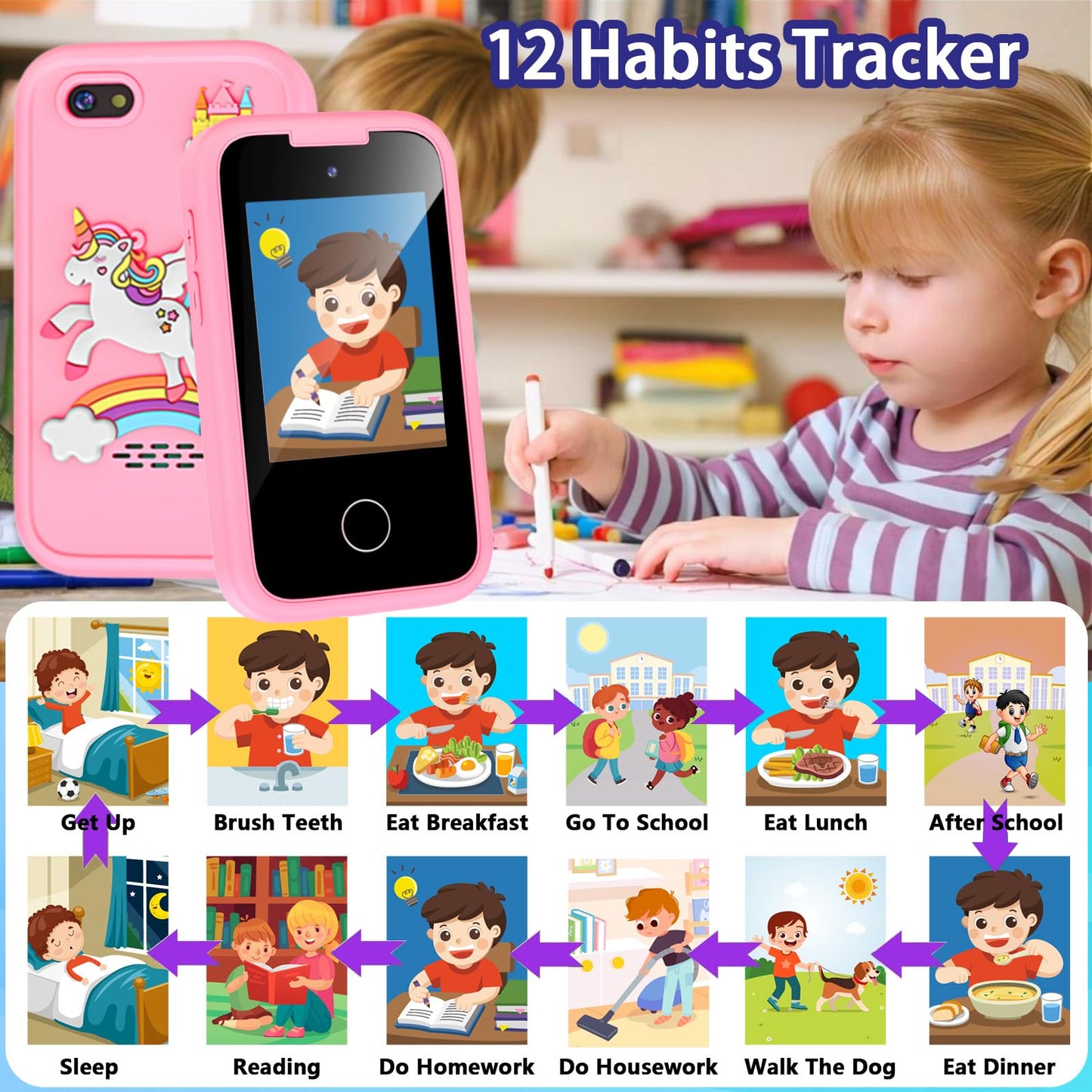 Nikuku Kids Smart Phone for Girls, Christmas Birthday Gifts for Girls 3-8 Year Old, Pretend Toy Phones with Dual with Dual Camer