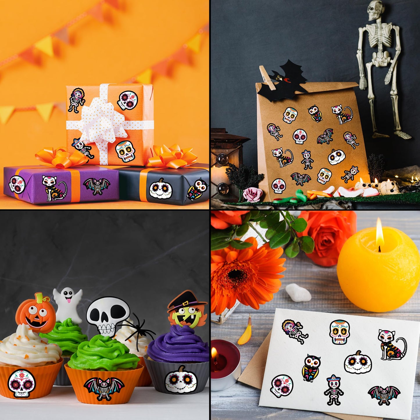 Beyumi 1000Pcs Day Of The Dead Stickers Dia De Los Muertos Colorful Sugar Skull Skeleton Cat Stickers Waterproof Halloween Mexican Fiesta Stickers Decals For Laptop Water Bottle Kids Party Supplies