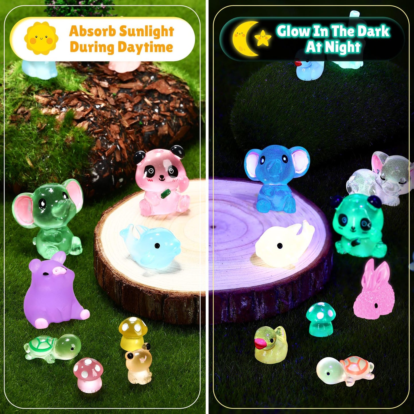 Seenelling 240 Pcs Mini Resin Animals 10 Adorable Style Miniature Resin Animals Tiny Luminous Animals Figures Bulk for Micro Gar