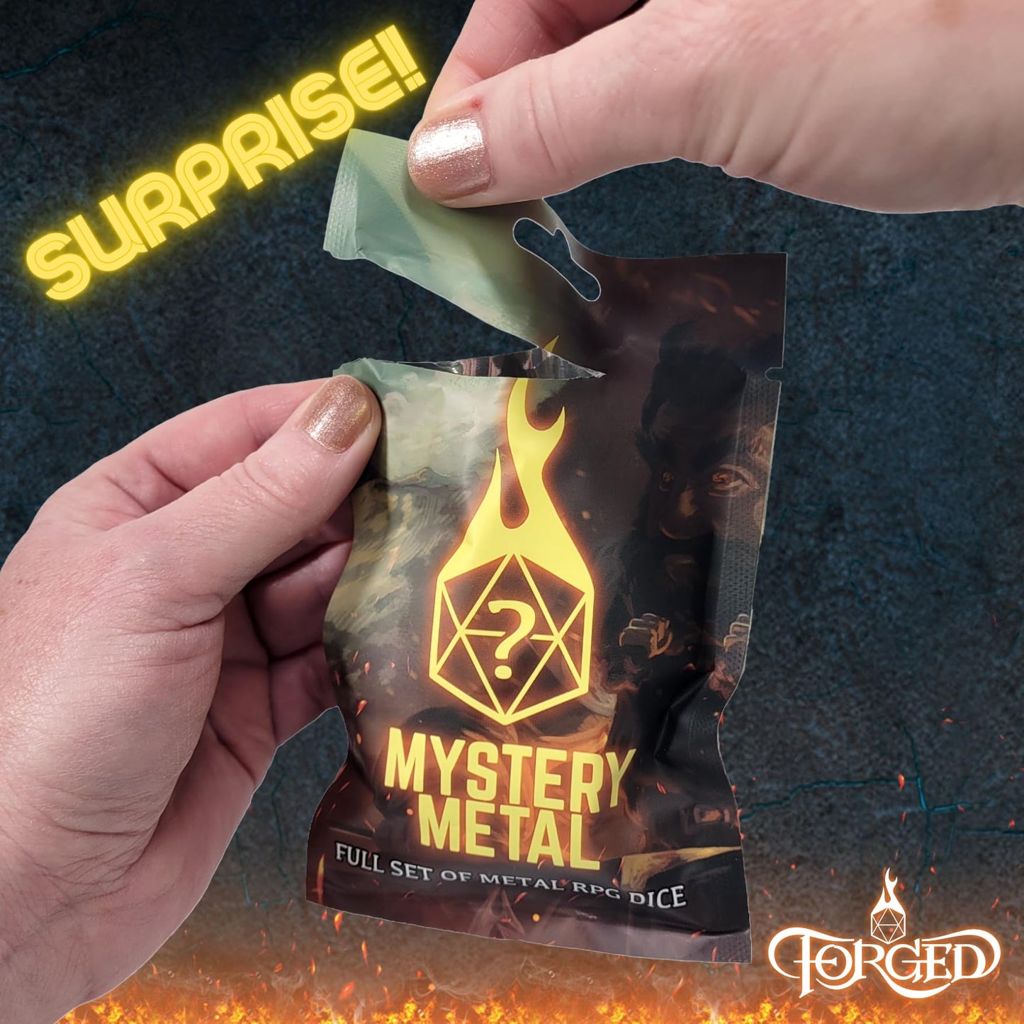 Forged Dice Co. Mystery Dice Bag DND Dice Set Blind Surprise Bag - Contains 1 Complete Set of 7 Metal Dice D4, D6, D8, D10, D12,