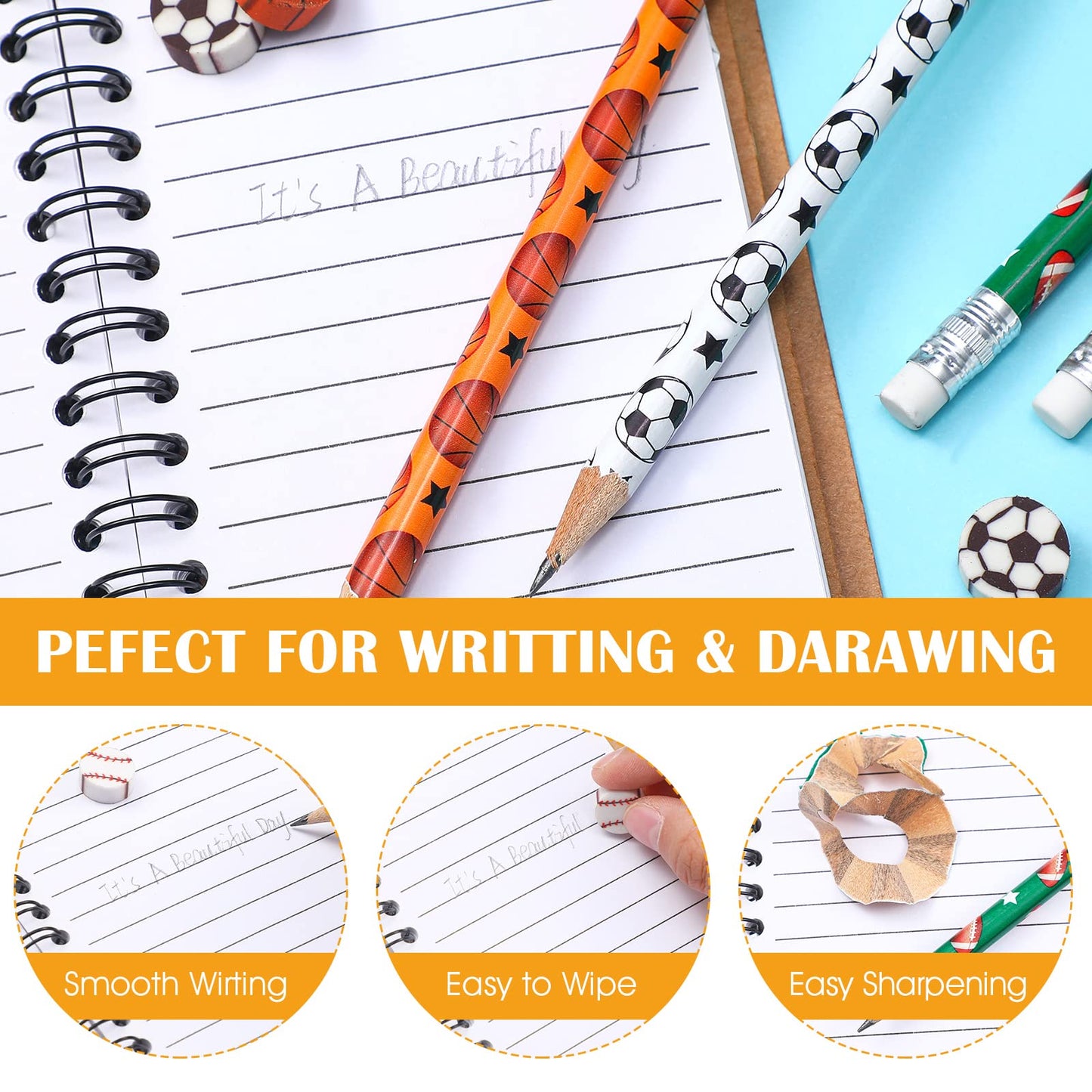 Tinlade 72 Pcs Sports Pencils And Erasers For Kids Fun Wooden Pencils For Kids Boys Sports Themed Birthday Party Favors Students Stationery Party School Office Supplies(Sports)